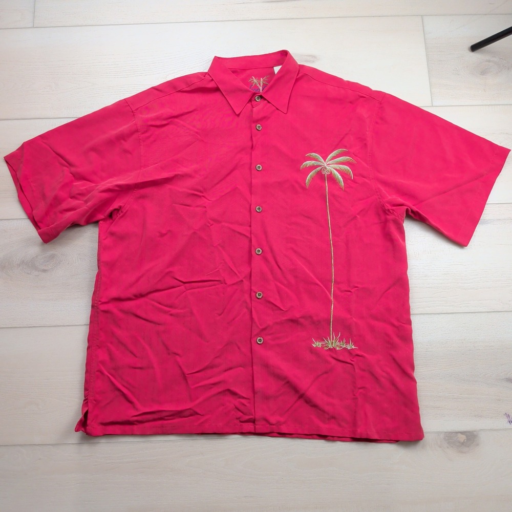 Bamboo Cay Mens XL Red Embroidered Palm Tree Modal Blend Camp Shirt Short Sleeve